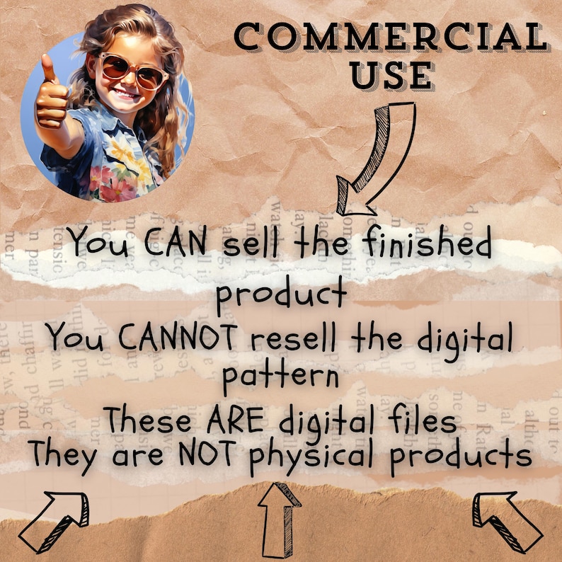 May include: A brown and tan textured background with white text that reads "COMMERCIAL USE" with an arrow pointing down. The text below reads "You CAN sell the finished product" and "You CANNOT resell the digital pattern". The text below that reads "These ARE digital files" and "They are NOT physical products".