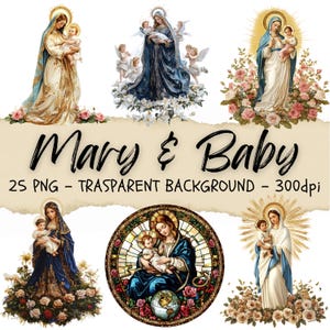 25 Virgen María con Jesús Clipart, Madre María Png, Obras de arte cristianas, Clipart de la Biblia, Arte digital del cielo, Diario basura