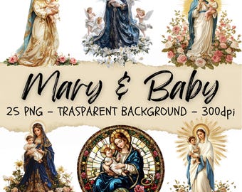 25 Virgin Mary with Jesus Clipart, Mother Mary Png, Christian Artwork, Bible Clipart, Heaven Digital Art, Junk Journal