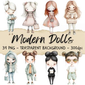 39 Modern Dolls Clipart, Whimsical Doll Designs, Cute Girl Artwork 2024 Png, Contemporary Clip Art, Junk Journal Kit