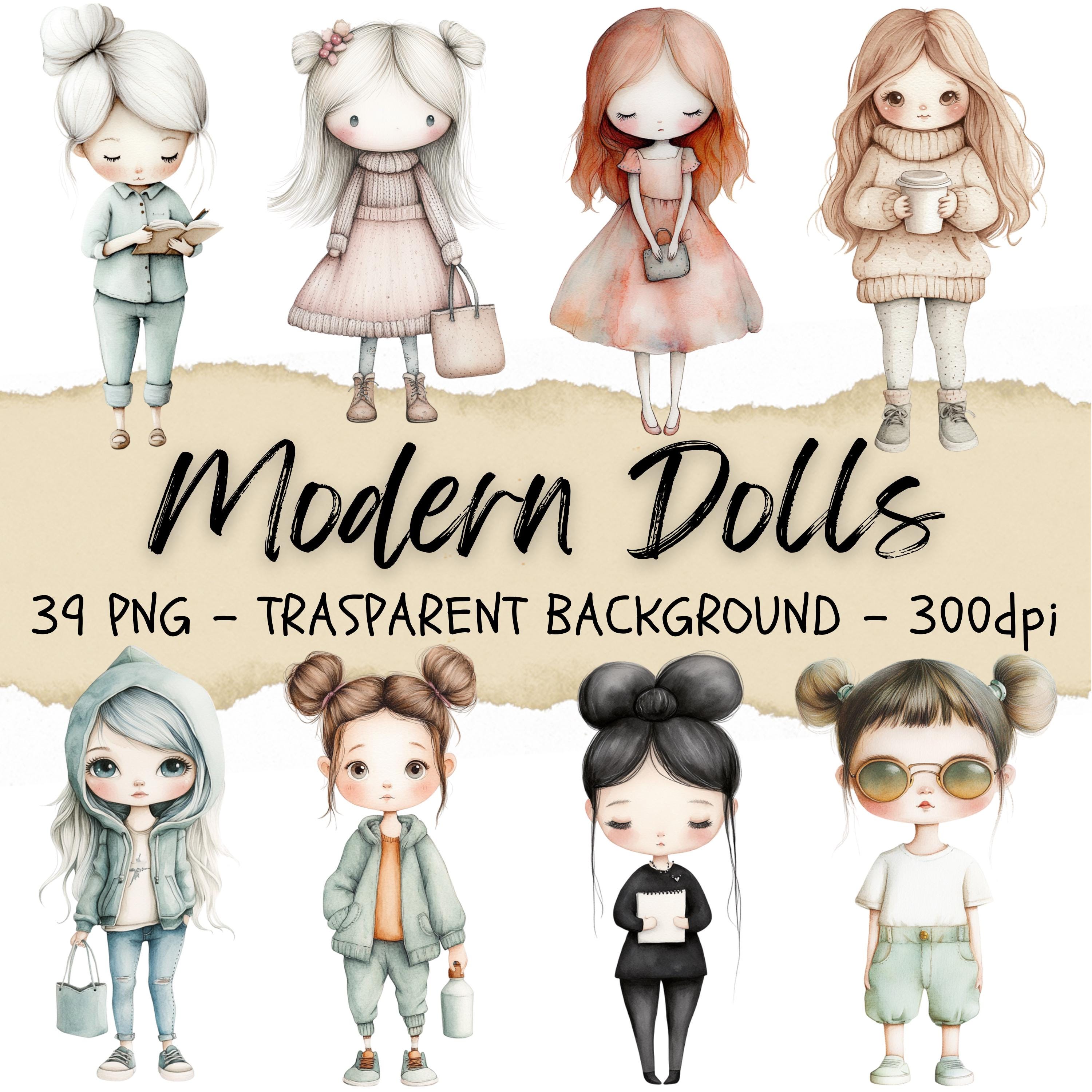39 Modern Dolls Clipart, Whimsical Doll Designs, Cute Girl Artwork 2024 Png, Contemporary Clip Art, Junk Journal Kit
