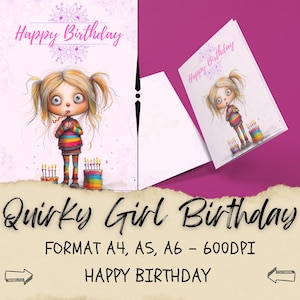 Alles Gute zum Geburtstag, Mädchen Einladungskarte, alles Gute zum Geburtstag, Printable lädt ein, lustiges Mädchen mit Kuchen, kunstvolle Clips