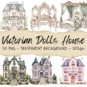 50 Victorian House Doll Clipart, French Doll, Victorian Era House Clipart Fantastyczna grafika Cartoon, Junk Journal Kit