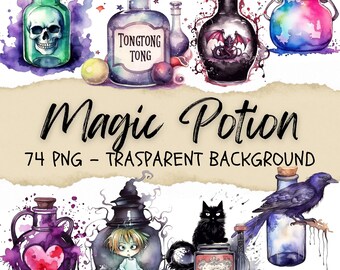 74 Watercolor Magical Potions Clipart, Witchy Halloween Graphics (Digital Download)