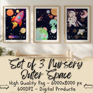 Juego de 3 impresiones del espacio exterior para guardería, arte de pared imprimible con astronautas, decoración de pared con planetas, idea de regalo para sala de juegos infantil de género neutro