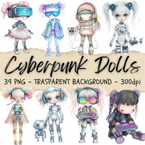 39 Cyberpunk Doll Clipart, Futuristic Doll Graphics, Sci-fi Illustrations, Retro-Futuristic Cartoon, Junk Journal Kit