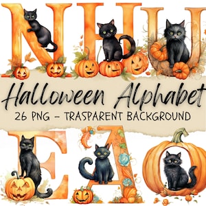 26 Alfabeto Halloween Clipart, Fuente Halloween Clipart, Gato Negro Calabaza Png, Pegatinas Espeluznantes De Otoño De La Temporada Junk Journal