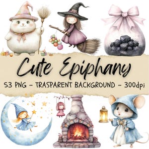 53 Clipart dell'Epifania, Clip Art della strega, Felice celebrazione, Vacanza, Immagini della Natività, Png Junk Journal, Artful CLips Boutique