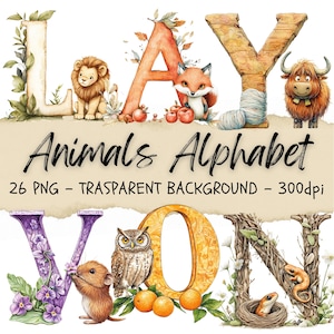 Alfabeto de 26 animales del zoológico, alfabeto de animales africanos, fuente de bosque, imágenes prediseñadas florales, imágenes prediseñadas de ABC, diario basura de animales de frutas