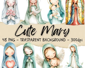 Cute Virgin Mary Watercolor Clipart, Christian Art (Digital Download)