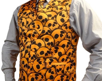 SALE - Men's Medium - Orange skull vest formal tuxedo waistcoat Unique hand painted skulls by RokGear