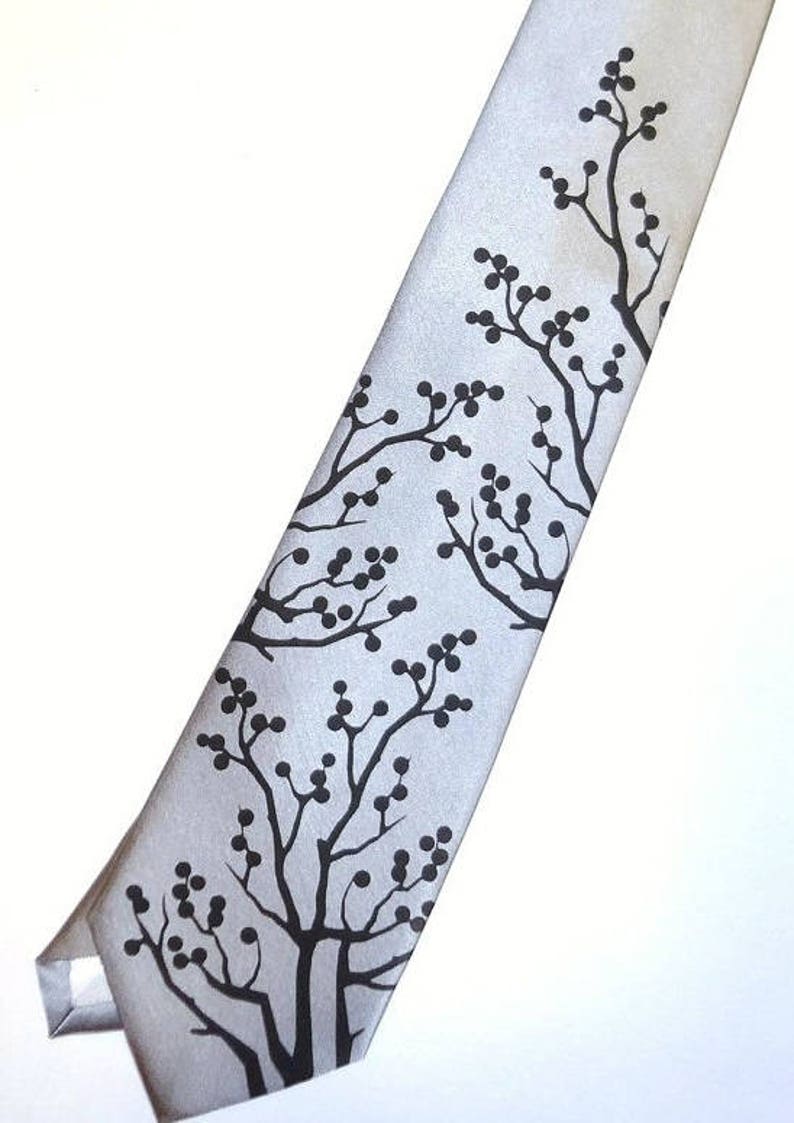 Mens necktie Winter berries design tie, hand screen print design by RokGear image 3