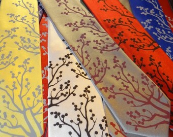 Mens custom necktie Winter berries design tie, hand screen print design by RokGear