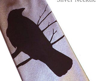 Mens necktie raven Crow design silver microfiber necktie hand print silk screen by RokGear