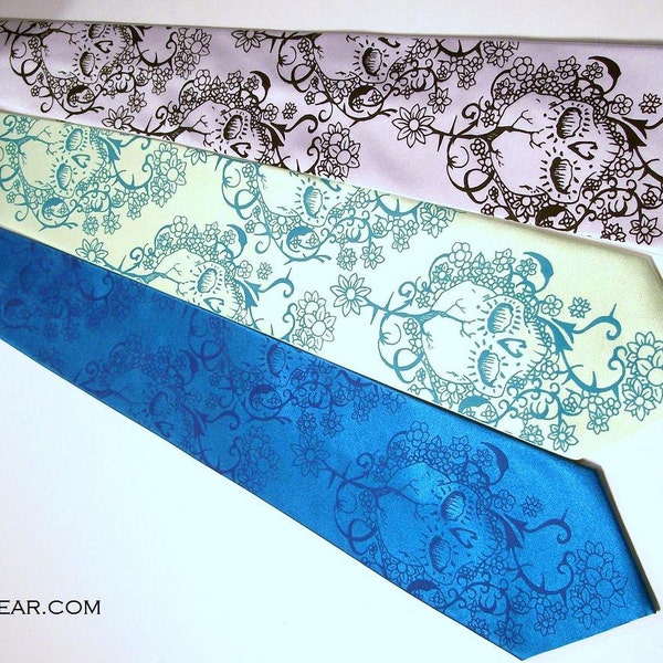 Mens Necktie, Caribbean Blue skull and flower tie