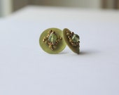 Upcycle Vintage Green shell buttons with 5mm facted Peridot, bronze and green seed beads. With sterling silver studs