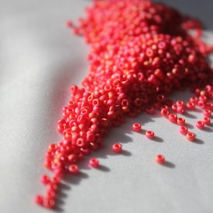11/0 Matte Op Vermillion Red AB miyuki seed beads, 15 gram bag, Color # 11-407FR