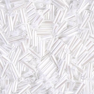 May include: A close-up of a pile of clear glass beads. The beads are long and thin, with a slightly iridescent finish.