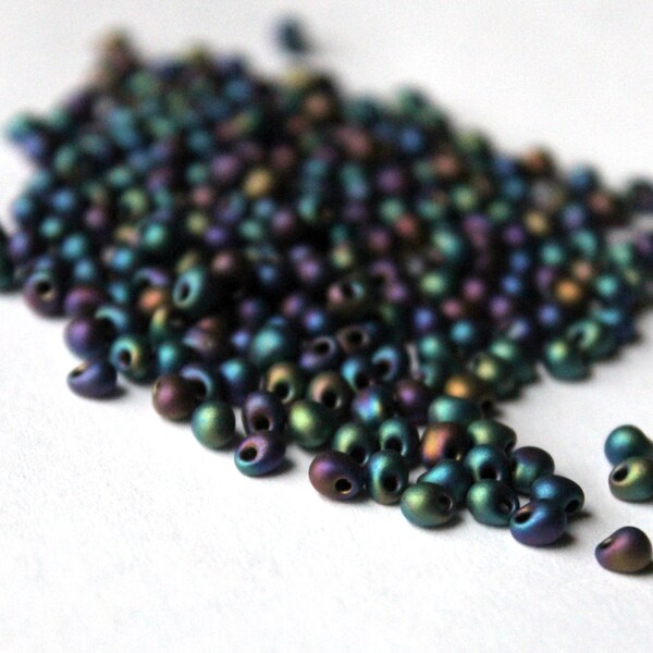 10 gram bag of 3.4mm Drop beads Matte Black AB Color # DP-401FR made by Miyuki