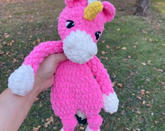 Crochet Unicorn Lovey: Soft Blanket yarn, Snuggler with embroidered eyes