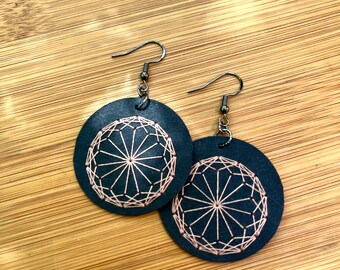 Chartres Sacred Geometry Earrings - Hand Embroidered - Pink on Black