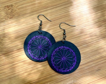 Chartres Sacred Geometry Earrings - Hand Embroidered - Purple on Black
