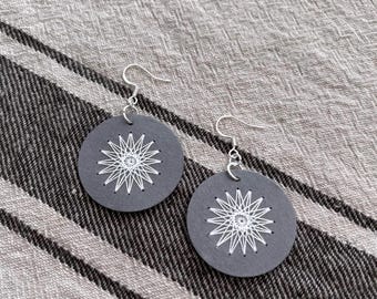 Scandinavian Star - Small - Sacred Geometry Earrings Hand Embroidered White on Grey Paper