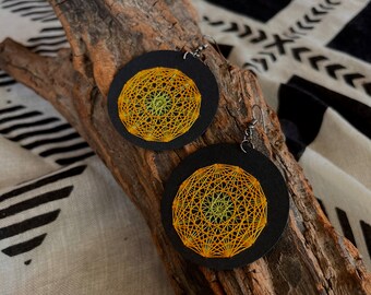 Halloween Fall Pumpkin Radiant Core Sacred Geometry Large Earrings - Hand Embroidered Orange and Green on Black Card Stock