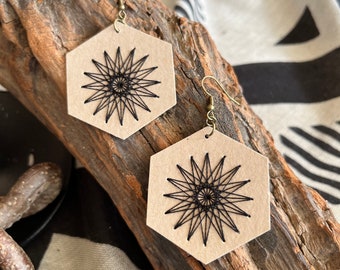 Scandinavian Star Earrings Hand Embroidered Black on Beige Hexagon Paper Art