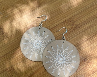 Scandinavian Star Sacred Geometry Earrings Hand Embroidered White on Beige Paper