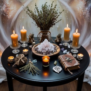 May include: A black table with a variety of items arranged on it, including candles, crystals, herbs, and a book. The candles are lit and the crystals are pink. The book is closed and has a leather cover.