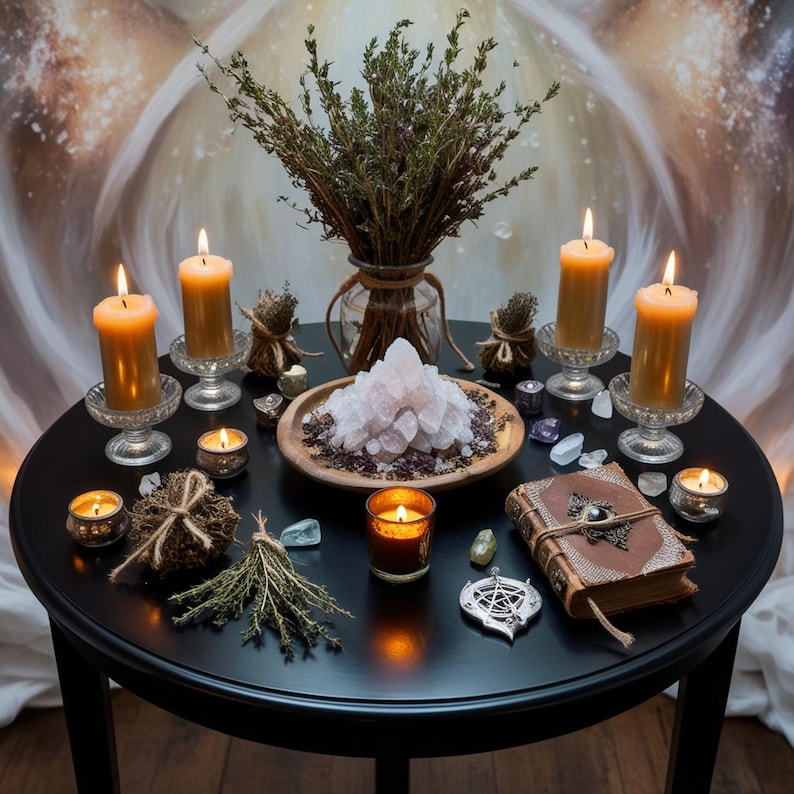 May include: A black table with a variety of items arranged on it, including candles, crystals, herbs, and a book. The candles are lit and the crystals are pink. The book is closed and has a leather cover.
