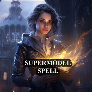 Puede incluir: Una mujer con una chaqueta oscura y una camisa blanca sostiene un libro abierto con llamas que salen de él. El texto "SUPERMODEL SPELL" está en el libro.