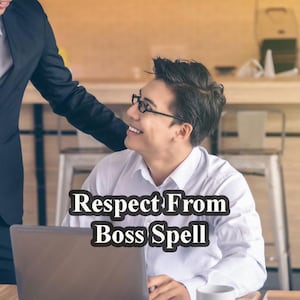 May include: Image of two people in a business setting. One person is wearing a suit and giving a thumbs up. The other person is wearing a white shirt and glasses, smiling. The text "Respect From Boss Spell" is overlaid on the image.