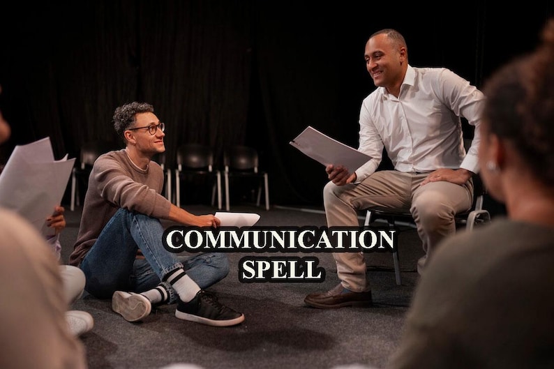 May include: Two people sitting on chairs in a dark room, looking at each other and holding papers. The text "COMMUNICATION SPELL" is superimposed on the image.