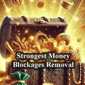 May include: A golden treasure chest overflowing with gold coins, jewels, and other riches. The chest is open and the lid is propped up. The text "Strongest Money Blockages Removal" is written on the front of the chest.