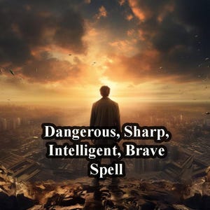 Puede incluir: Una persona se encuentra de pie en un acantilado rocoso con vistas a un horizonte urbano con un cielo nublado y un sol brillante en el fondo. El texto "Dangerous, Sharp, Intelligent, Brave Spell" se superpone a la imagen.