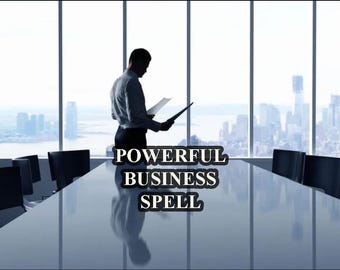 Op de afbeelding: Een silhouet van een persoon die in een vergaderruimte staat met een groot raam met uitzicht op de skyline van een stad. De tekst "POWERFUL BUSINESS SPELL" is over de afbeelding gelegd.