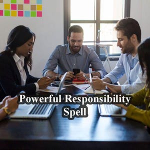 May include: A group of four people are sitting around a table, working on laptops and phones. The table is made of dark wood and has a sign that says "Powerful Responsibility Spell".