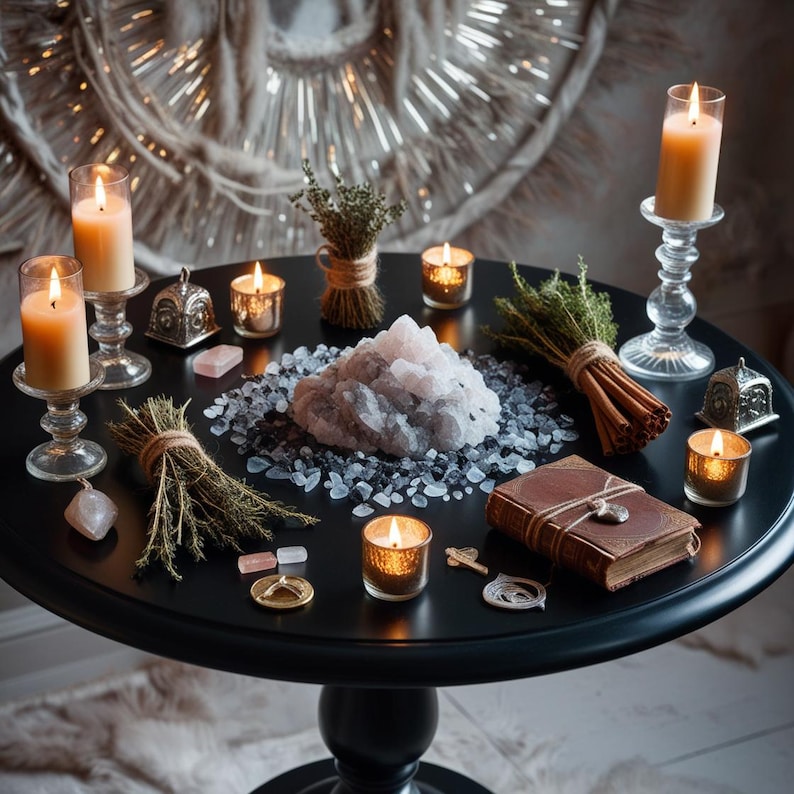 May include: A black table with a variety of items arranged in a circle, including candles, crystals, herbs, and a book. The candles are lit and the crystals are arranged in a circle around a large pink crystal. The herbs are tied together with twine and the book is closed.