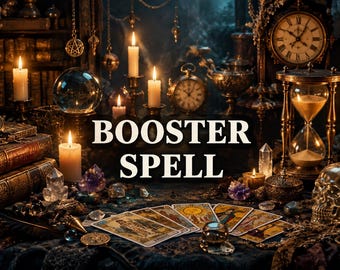 May include: A dark, atmospheric scene featuring the text BOOSTER SPELL centered among various mystical objects including lit candles, an hourglass, a crystal ball, antique clocks, stacks of old books, tarot cards, and a clear skull figurine.