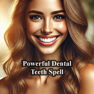 May include: A woman with long, wavy brown hair smiles broadly, showing off her white teeth. The text "Powerful Dental Teeth Spell" is superimposed on the image.