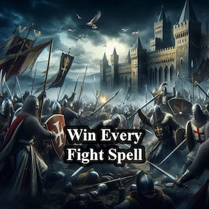 Puede incluir: Ilustración de una batalla medieval con caballeros con armaduras, espadas y escudos. Un castillo se ve al fondo bajo un cielo oscuro y nublado. Se muestra el texto "Win Every Fight Spell".