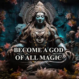 Può includere: Una statua blu di una divinità con capelli lunghi e una collana di perle è seduta su un trono circondato da fiori. Il testo "Become a god of all magic" è scritto sotto la statua.