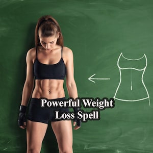 May include: A woman in a black sports bra and shorts stands in front of a green chalkboard. The chalkboard has an arrow pointing to the left and a drawing of a woman's body with a smaller waist. The text "Powerful Weight Loss Spell" is written on the chalkboard.