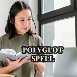 May include: A woman wearing a headset and a green shirt is reading a book. The text "POLYGLOT SPELL" is visible in the image.