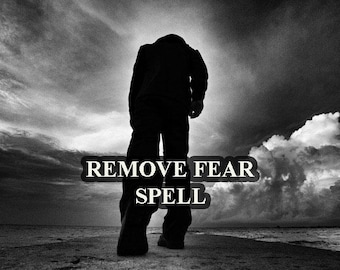 May include: A silhouette of a person walking towards a cloudy sky with the text "REMOVE FEAR SPELL" in white letters.