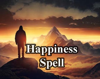 May include: A silhouette of a person standing on a mountaintop at sunset with the text "Happiness Spell" in white letters.