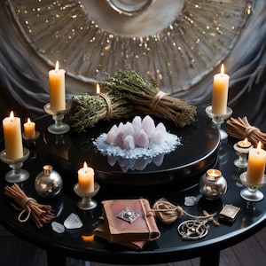 May include: A black table with a variety of items arranged in a circle, including candles, crystals, herbs, and a book. The candles are lit and the crystals are pink. The book is closed and has a brown leather cover.