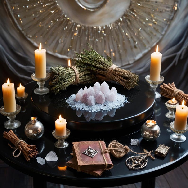 May include: A black table with a variety of items arranged in a circle, including candles, crystals, herbs, and a book. The candles are lit and the crystals are pink. The book is closed and has a brown leather cover.